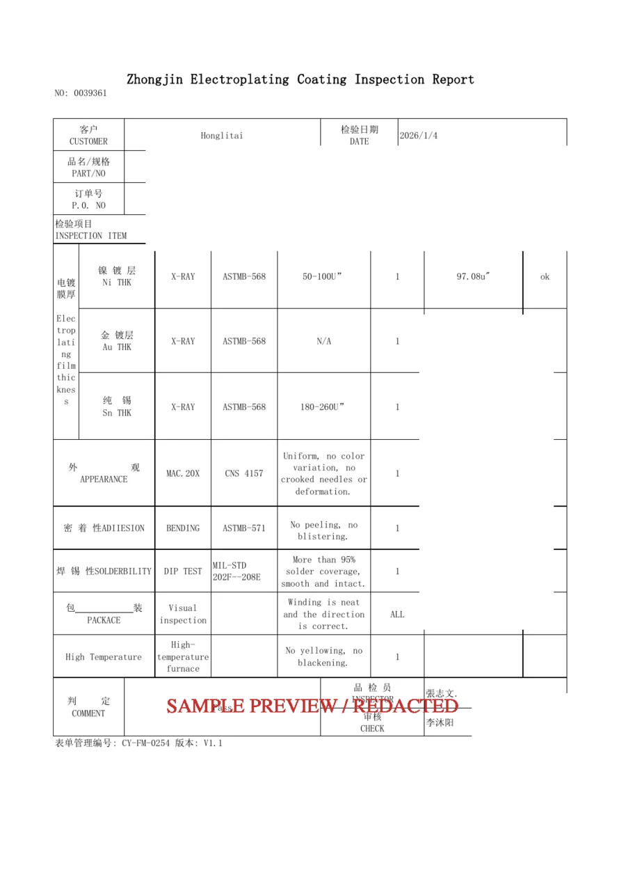 Redacted electroplating inspection report preview