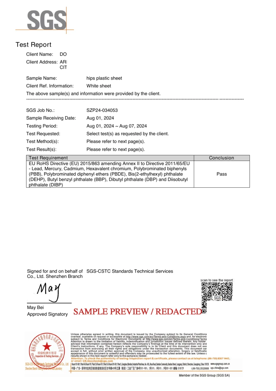 Redacted SGS RoHS report preview